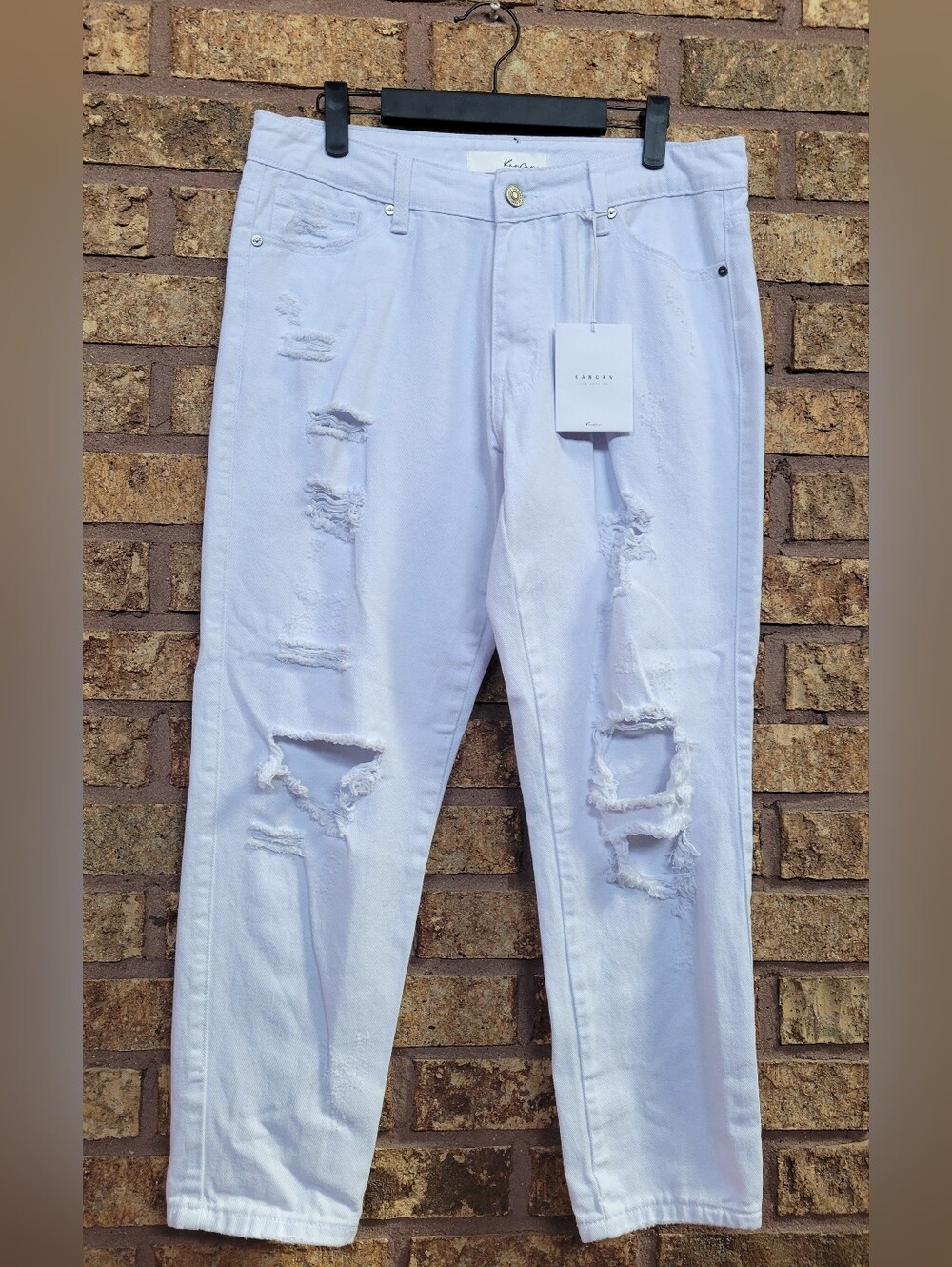 Kancan Mid Rise Distressed Ripped Cropped White Denim Jeans Size 9 Cotton